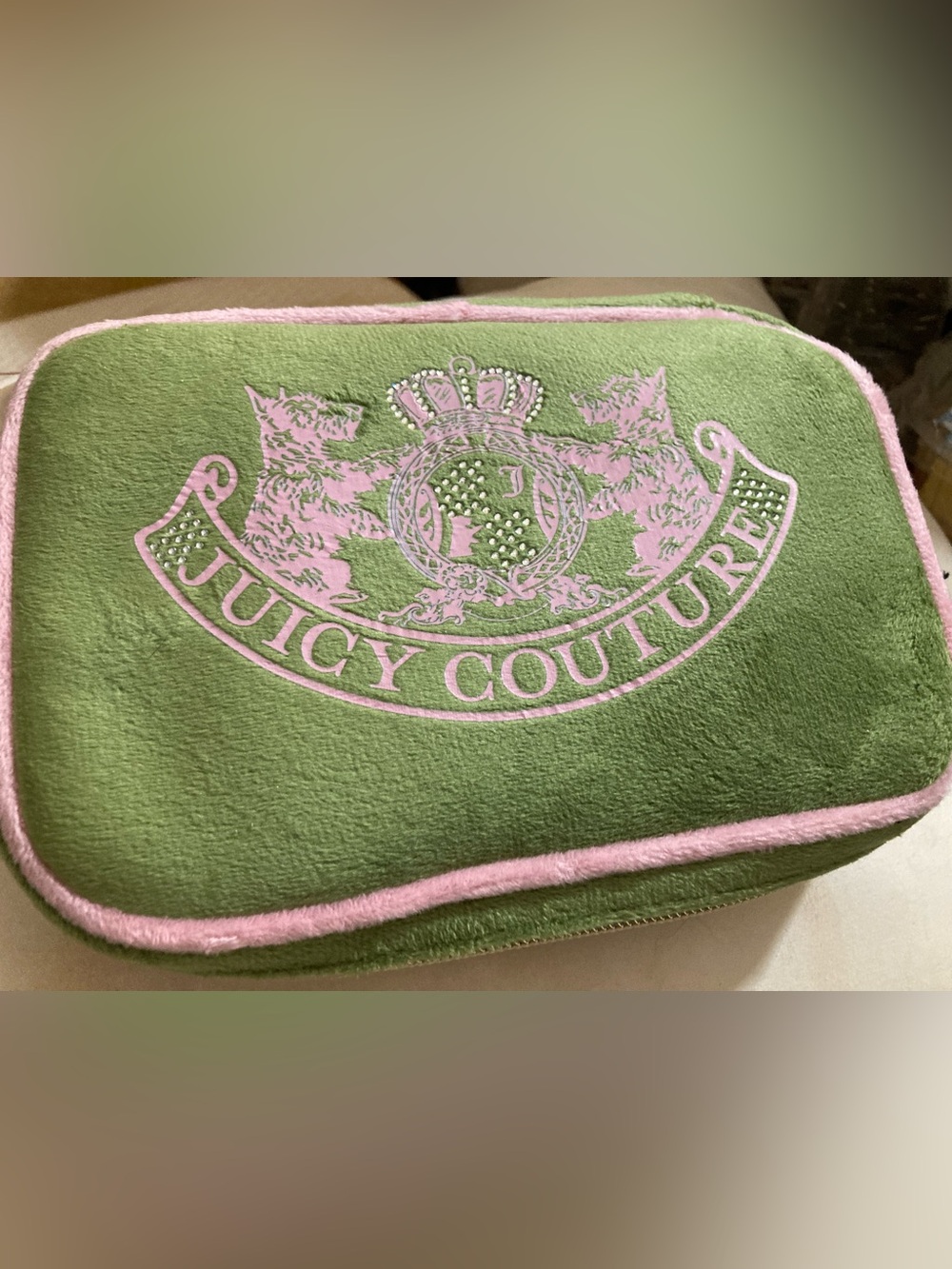 Juicy Couture Green Velvet make up bag with Pink Crest Embroidery